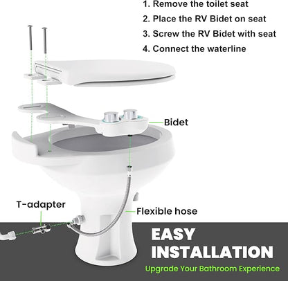 RV Bidet Toilet Seat Attachment, RV Bidet for Camper Toilet with Dual Nozzles, Self/Rear/Front Cleaning, Non-Electric, Adjustable Water Pressure, Fresh Water