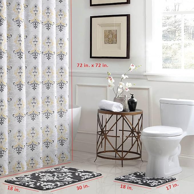 15-Piece Bathroom Shower Curtain Set – Set of 1 Shower Curtain & 12 Metal Hooks & 1 Bath Mat & 1 Contour Mat, Modern Bathroom Décor, Machine Washable, Cameron Yellow/Grey/White