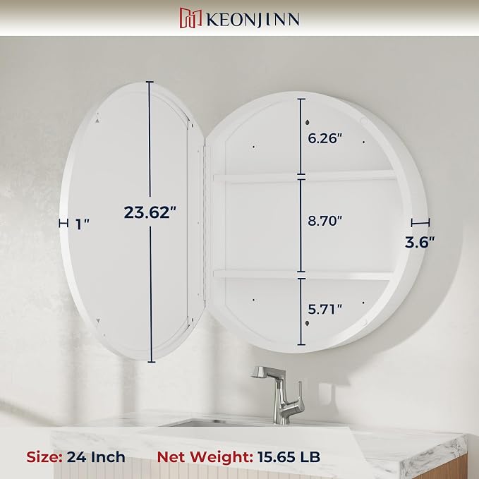 Keonjinn 24 Inch White Round Medicine Cabinet with Mirror, Rust Resistance | Circular Surface Mount Medicine Cabinets for Bathroom, Shatter-proof, Smooth Piano Hinge, Metal Frame, Magnetic Door Bumper