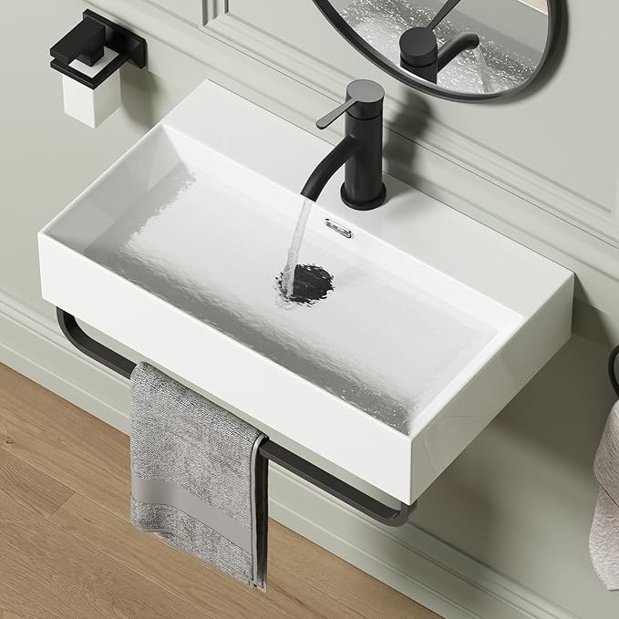 Wall Mount Rectangular Vessel Sink with Towel Rack, QISHKA 24"x14" Modern Ceramic Bathroom Floating Sink, White Rectangle Vanity Sink with Overflow, Wall Hung Wash Hand Basin