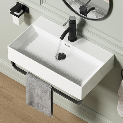 Wall Mount Rectangular Vessel Sink with Towel Rack, QISHKA 24"x14" Modern Ceramic Bathroom Floating Sink, White Rectangle Vanity Sink with Overflow, Wall Hung Wash Hand Basin