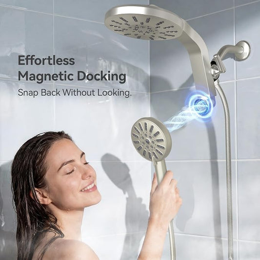 INAVAMZ High Pressure Rain Shower Head Combo with Magnetic Handheld Nickel | Dual Shower System with Rainfall Showerhead and 8-Spray Handheld, Magnetic Dock, Adjustable Angle, Power Jet for Cleaning