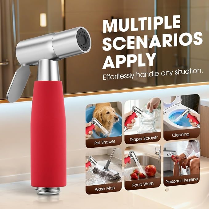 Handheld Bidet Sprayer Head, Stainless Steel Muslim Shower Head for Toilet, Adjustable Pressure Jet Sprayer for Feminine Hygiene and Pet Bath Bathroom Cloth Diaper Cleaning (Red)