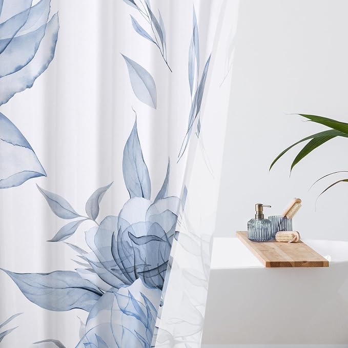 Litabel Blue and Grey Boho Watercolor Floral Shower Curtain, Ink Painting Style Blossom & Leaf Shower Curtains for Chic Elegant Bathroom, Artistic Fabric Cloth Flower Shower Curtain, 54 x 78