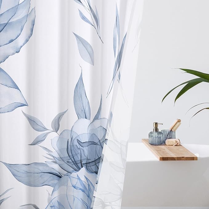 Litabel Blue and Grey Boho Watercolor Floral Shower Curtain, Ink Painting Style Blossom & Leaf Shower Curtains for Chic Elegant Bathroom, Artistic Fabric Cloth Flower Shower Curtain, 48 x 72