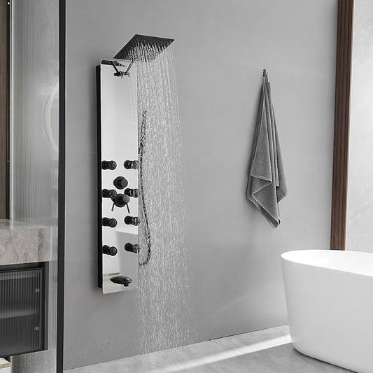 Shower Panel Tower System, 10" Adjustable Rainfall Shower, 8 Body Massage Jets, Glass Shower Panel, Wall Mounted