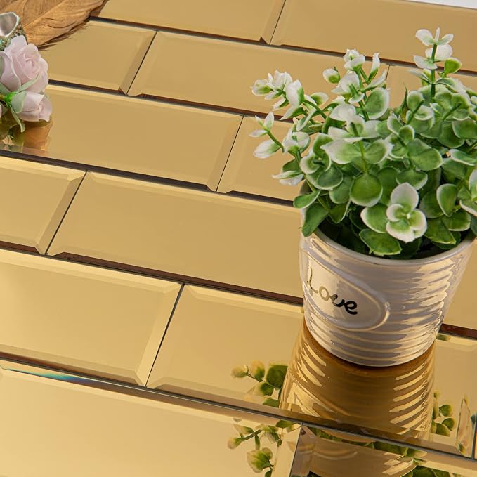Peel and Stick 3x6 Inch Beveled Gold Mirror Tile Subway Mirror Glass Backsplash for Kitchen Bathroom Wall (40 Pcs, 5 SQ.FT.)