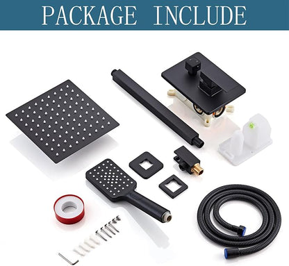 8 Inch Shower Faucet Set, Rainfall Shower System with High Pressure Handheld Shower Head, Bathroom Mixer Shower Set Wall Mounted Rough-in Valve and Trim Kit, Matte Black, with 3-Setting
