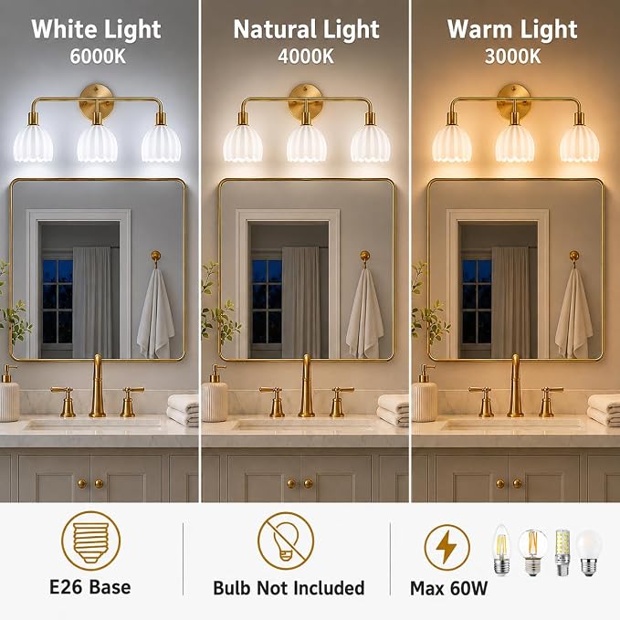 Brushed Gold 3-Light Vanlity Light Over Mirror,Wall Sconces,Gold Brass Bathroom Light Fixture with White Glass Flower Shade,E26 Socket(Bulbs Not Included)