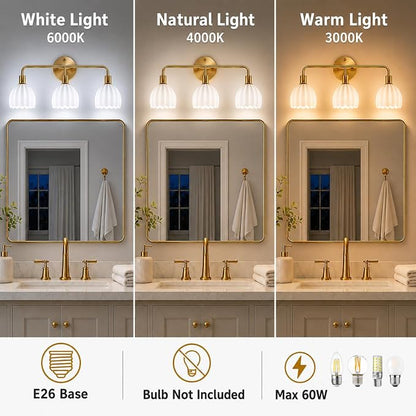 Brushed Gold 3-Light Vanlity Light Over Mirror,Wall Sconces,Gold Brass Bathroom Light Fixture with White Glass Flower Shade,E26 Socket(Bulbs Not Included)
