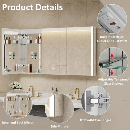 60 x 32 Inch Medicine Cabinet with Mirror and LED Light for Bathroom | Recessed, Wall-Mounted, Dimmable, Anti-Fog, Memory Function, 3 Color Mode, Outlet&USB, Adjustable Shelf, ETL Listed, Aluminum