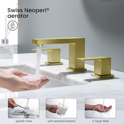 2-Handle Cube Bathroom Sink Faucet with Drain Assembly | 3-Hole Installation, Solid Brass Construction | 8-Inch Wide Spread Lavatory Faucet | Brushed Gold Finish, KBF1024