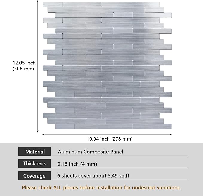 Peel and Stick Backsplash Linear Tiles, Brushed Aluminum Surface Stainless Steel Kitchen Backsplash Mini Subway Mosaic Tiles (6 Sheets)