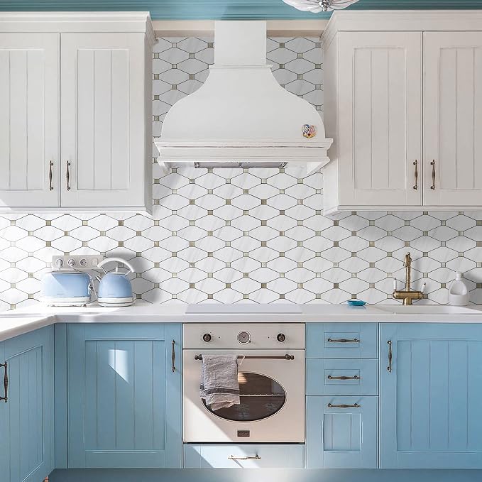 STICKGOO 1 Sheet Peel and Stick Dolomite Mosaic Tile, White Marble Look PVC Mixed Metal Gold Kitchen Backsplash for Fireplace, RV
