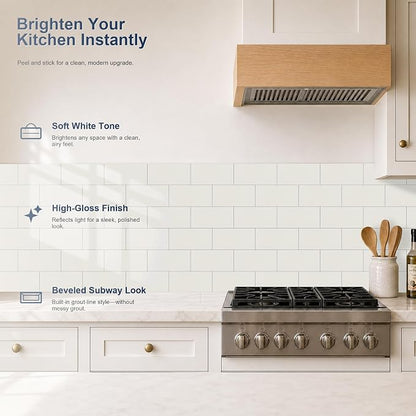 Yipscazo 2026 New Upgrade Peel and Stick backsplash 3 x 6 Inches, Backsplash Tile Peel and Stick Tile for Kitchen, Bathroom, Laundry Room, Fireplace(Polished Soft White, 160 Pieces)