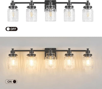 5 Light Bathroom Light Fixtures Farmhouse Black Vanity Lights | ETL Certificate, Easy to Install,Wall Mount Up or Down,Hammered Glass Lampshade,E26 Socket,Hardwired,120V