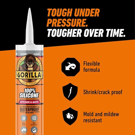Gorilla 100% Silicone Caulk, Kitchen & Bath Sealant, 10oz Cartridge, Clear | Waterproof & Mold Resistant, Flexible Seal Prevents Shrinking, Great for Showers, Tubs, and Sinks