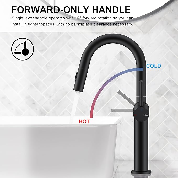 KENES Matte Black Tall Bathroom Faucet with Pull Out Sprayer, Pull Down Vessel Sink Faucet 1 Hole, Single Handle High Vanity Faucet with Pop Up Drain & Supply Lines, LJ-9065A-2