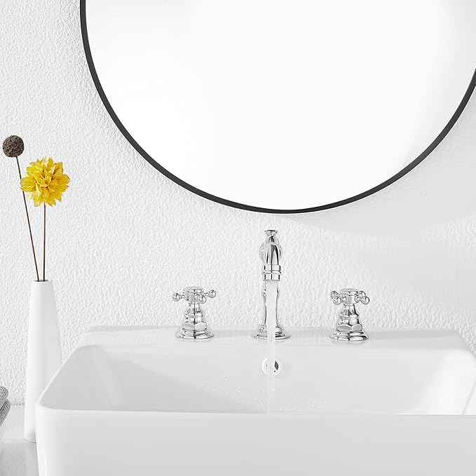 GGStudy Two Handles Three Holes Faucet 8-16 inch Widespread Bathroom Sink Faucet Chrome Basin Mixer Tap Matching Metal Pop Up Drain with Overflow