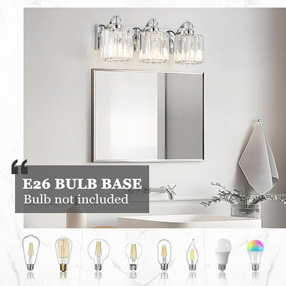 3-Light Modern Bathroom Light Fixture Chrome Vanity Lights Over Mirror Wall Sconce Lighting with K9 Crystal Shades Bathroom Wall Lamp E26 Base for Bedroom, Living Room, Hallway, Cabinet