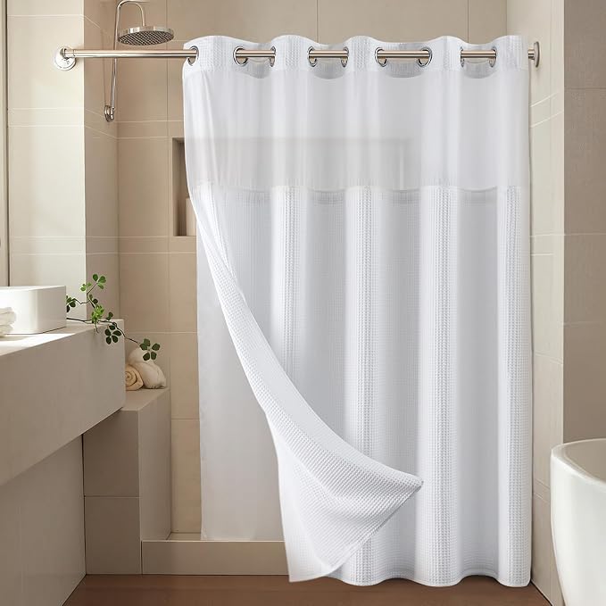 River Dream White Cotton Blend Fabric Shower Curtain Set with Liner, 71x74 | Waffle Weave, No Hook Needed, with Snap in Replacement Liner, Top Sheer Window, Hotel Quality Fabric for Bathroom