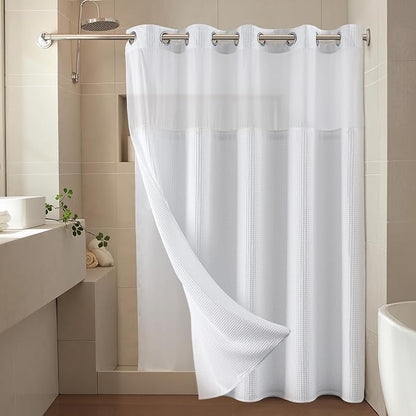 River Dream White Cotton Blend Fabric Shower Curtain Set with Liner, 71x74 | Waffle Weave, No Hook Needed, with Snap in Replacement Liner, Top Sheer Window, Hotel Quality Fabric for Bathroom