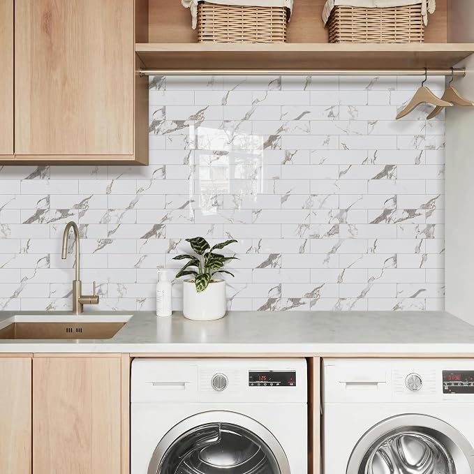 Vamos Tile Peel and Stick Backsplash, Glossy 40-Piece 3''x12'' Subway Tile | White Marble with White Grout Wall Tile,PVC Faux Stone Stick on Subway Tiles for Kitchen,Bathroom,Laundry,Camper