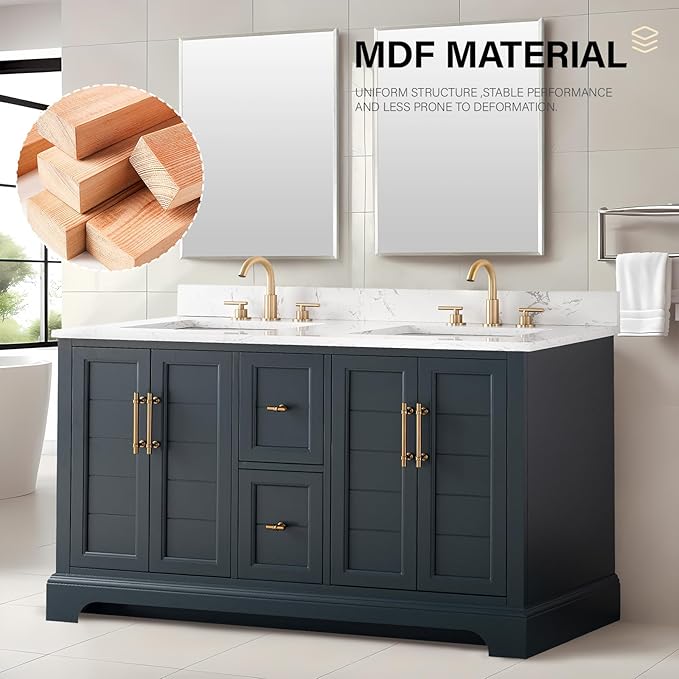 HOMEBEYOND 60 Inch Bathroom Vanity with Double Sink & Ceramic Top, Vanity Cabinet with Center Countertop Basin, Soft-Closing Doors, Backsplash, Vintage Spruce Blue