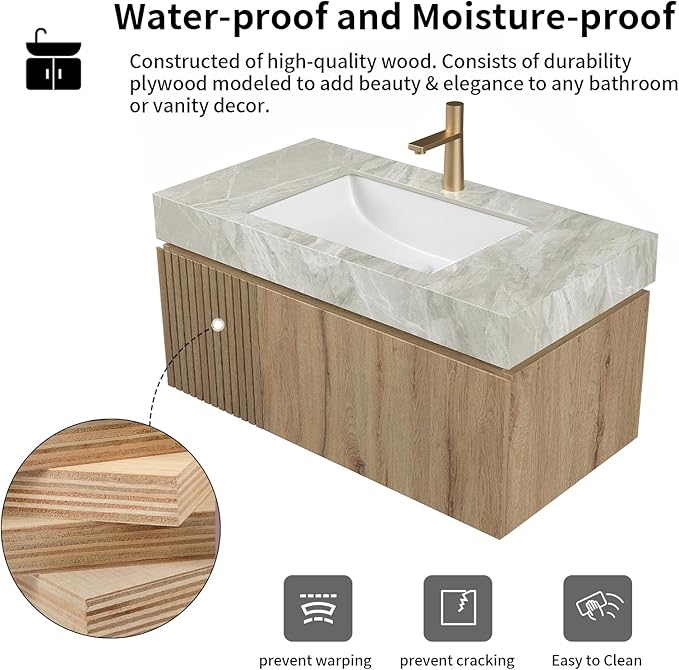 LKTART Floating 36 Inch Bathroom Vanity with Sink, Modern Plywood Wall Mounted Bathroom Storage Cabinet with 1 Door and 1 Drawer, Roma Travertine-Pattern Sintered Stone Countertop and Ceramic Basin