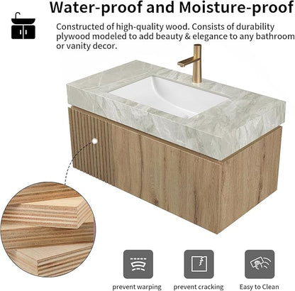 LKTART Floating 36 Inch Bathroom Vanity with Sink, Modern Plywood Wall Mounted Bathroom Storage Cabinet with 1 Door and 1 Drawer, Roma Travertine-Pattern Sintered Stone Countertop and Ceramic Basin