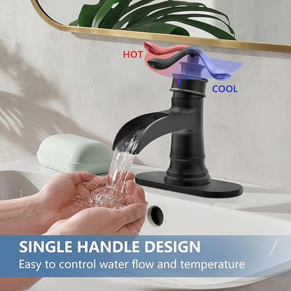 Black Bathroom Faucet Matte Waterfall Sink Farmhouse Vanity Single Hole Faucets One Handle Basin Antique centerset with Pop Up Drain Stopper Mixer Tap Overflow Supply Line by Homevacious