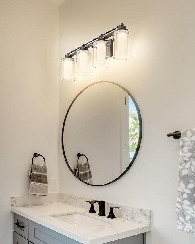 HWH Bathroom Light Fixtures 4 Lights, Clear Glass, 5CCT, 5HLT63B-4W-LED ORB | Dimmable, Oil Rubbed Bronze, 24W, Bathroom Vanity Light Over Mirror, Vanity Lights, Smooth LED Brightness Adjustment