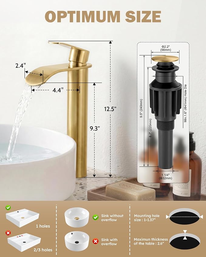 Vessel Sink Faucet Gold for Bathroom：WOWOW Single Handle Tall Bathroom Faucet - Waterfall Single Hole Mixer Bar Tap with Large Rectangular Spout, Deck Mount Lavatory Vanity with Pop Up Drain