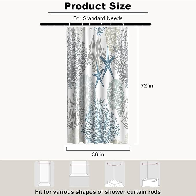 Cute Luxury Ocean Shower Curtain Kids Seashell Modern Nautical Tropical | Summer Shower Curtains for Bathroom, Waterproof Bath Curtain with Hooks Machine Washable Bathtub Curtains 36x72 Inch Blue