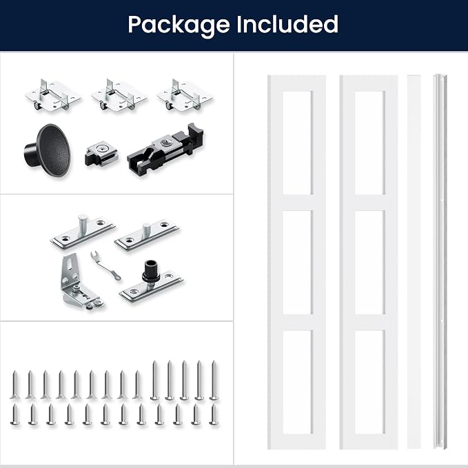 Bifold Doors for 28" x 80-3/4" Opening, 3-lite Tempered Frosted Glass Closet Folding Doors with Hardware kit Included, Easy Assembly, White | Closet Folding Doors with Hardware kit Included, Easy Assembly for Pantry Closet, White,Water-Proof PVC Surfac...