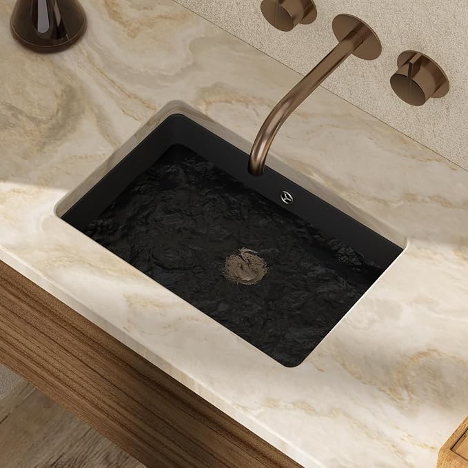 18x12 Inch Black Rectangle Undermount Bathroom Sink | Interior Bowl Size 16"W x 11"D, Ceramic, Rectangular Bottom, Easy to Clean, with Overflow, Ideal for Bathroom, Lavatory