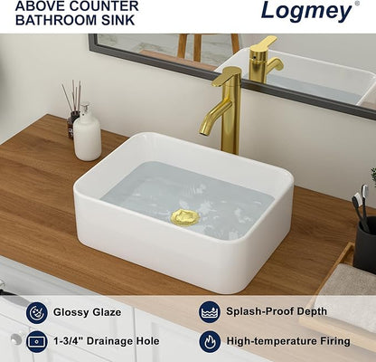 Logmey 16 Inch Drop in Bathroom Vessel Sink 16"x12" Rectangular White Porcelain Ceramic Sink Modern Above Counter Countertop Bathroom Vanity Sinks Art Basin