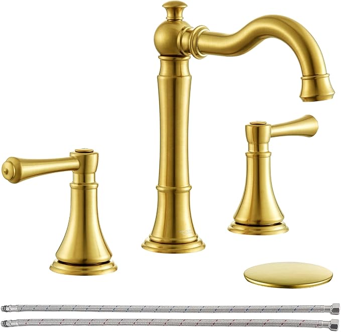 Brushed Gold Bathroom Sink Faucet 8 Inch Widespread 3 Holes | Includes Plastic Pop-Up Drain & Two 23.6" Supply Lines, Classical 8 In Spread Lavatory Bath Vanity Sink Faucets, Brass Spout