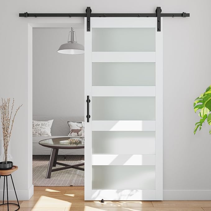 32in x 84in 5-Panel Sliding Glass Barn Door with 4ft Hardware Kit | Easy Assembly with Pre-Drilled Holes, Waterproof, Frosted Glass for Bathroom-Fit Max Opening 30in x 82in