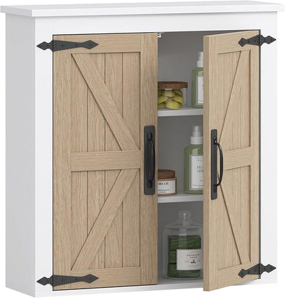 Spirich Bathroom Wall Cabinet Over Toilet, Farmhouse Wall Mounted Medicine Cabinet Organizer with Wood Grain Barn Doors and Adjustable Shelves