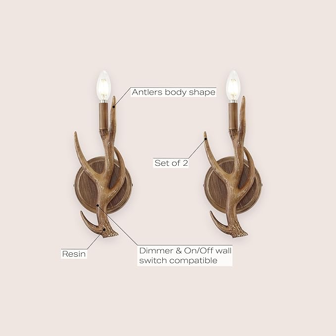 JONATHAN Y 5.5" Brown 1-Light Wood Finish Faux Antler LED Vanity Light Set of 2, Rustic Wall Sconces for Bathroom Mirror Hallway, Southwestern Farmhouse Decor, LED Bulbs Included JYL6307A-SET2
