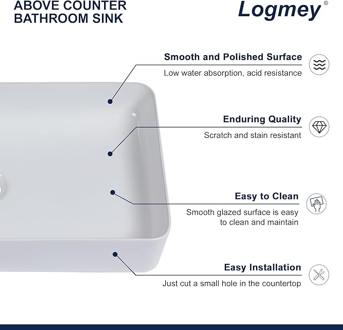 Logmey 24" Bathroom Sink Dorp in 24x14 Large White Vessel Sink for Bathroom Porcelain Rectangule Ceramic Modern Countertop Above Counter Bathroom Vanity Sink Art Basin