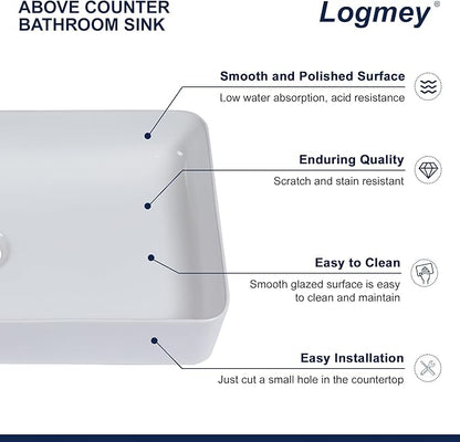 Logmey 24" Bathroom Sink Dorp in 24x14 Large White Vessel Sink for Bathroom Porcelain Rectangule Ceramic Modern Countertop Above Counter Bathroom Vanity Sink Art Basin