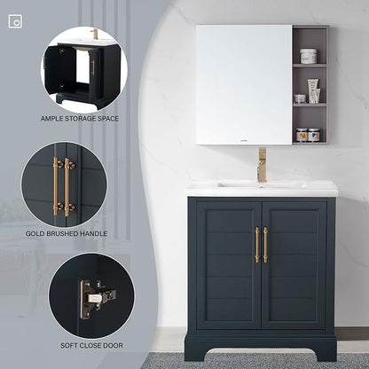 HOMEBEYOND 30 Inch Bathroom Vanity with Single Sink & Ceramic Top, Vanity Cabinet with Center Countertop Basin, Soft-Closing Doors, Vintage Spruce Blue