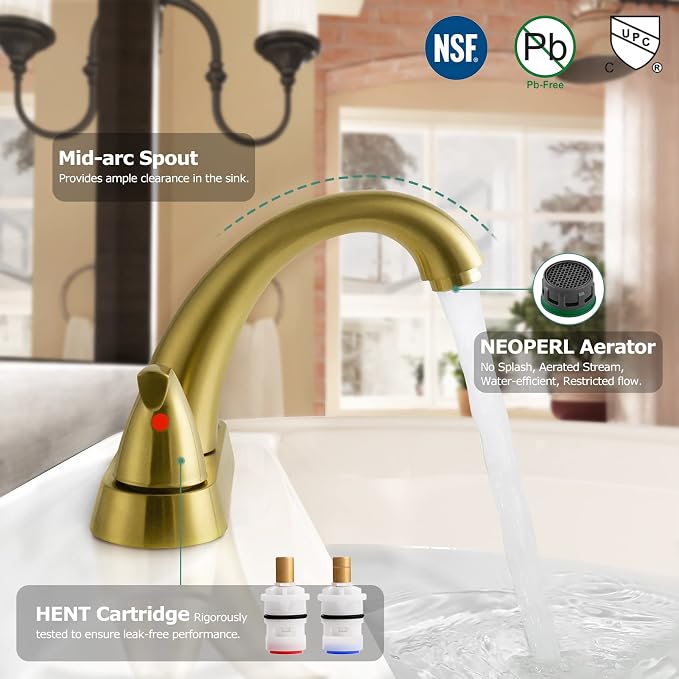 Bathroom Sink Faucet 4 Inch Centerset for Vanity, Brushed Gold | Mid Arc, 2 Handle Lead-Free Deck Mount Bathroom Faucet with Pop Up Drain Supply Lines, for 2 or 3 Hole Lavatory Utility Sink