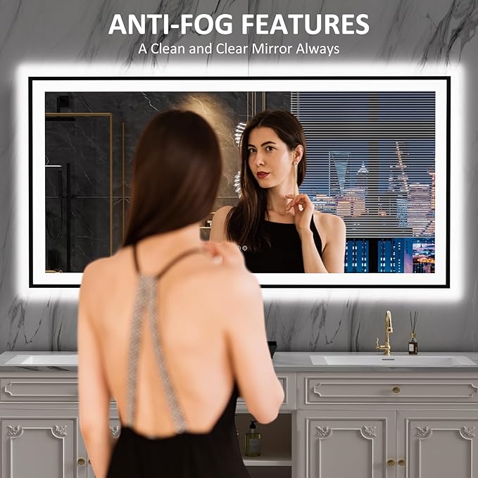 LOAAO 72"X32" LED Bathroom Mirror Black Framed | Anti-Fog, Dimmable, Memory Function, Tempered Glass, Lighted Vanity Mirror for Wall