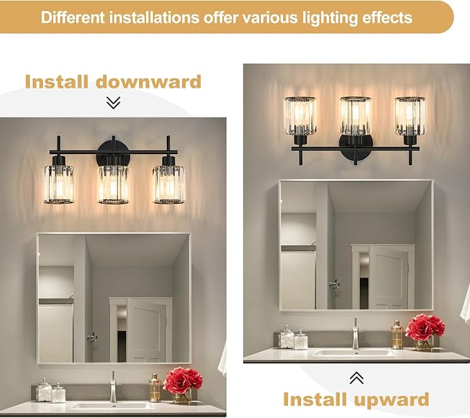 Black 3-Light Crystal Bathroom Vanity Light Fixtures, Round | Vanity Lights for Bathroom, Modern Bathroom Lighting Fixtures over Mirror (Bulbs Not Included, E26)