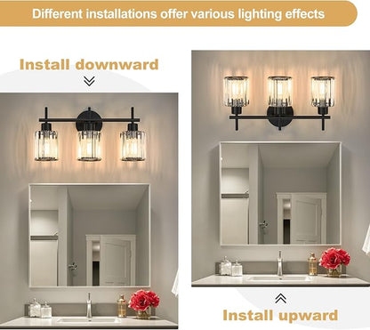 Black 3-Light Crystal Bathroom Vanity Light Fixtures, Round | Vanity Lights for Bathroom, Modern Bathroom Lighting Fixtures over Mirror (Bulbs Not Included, E26)