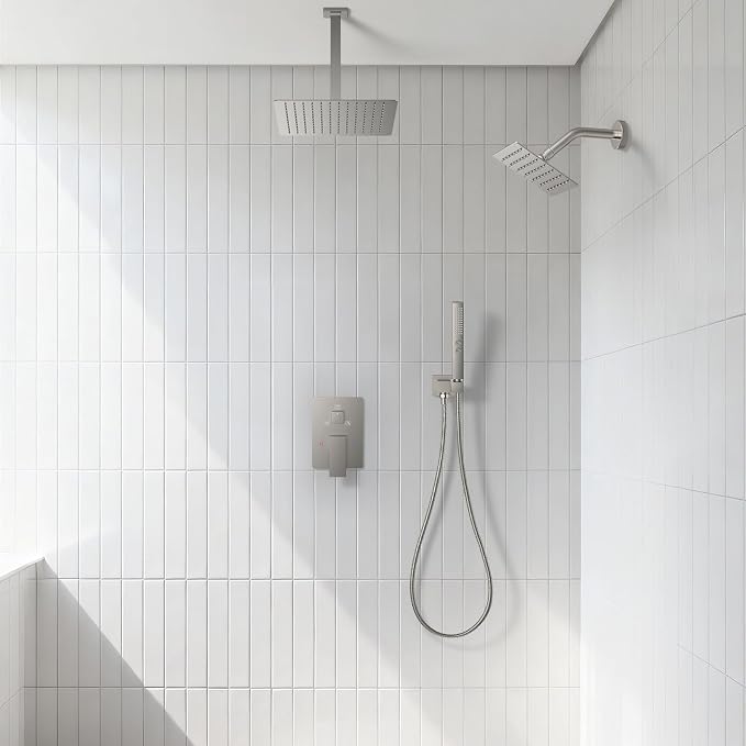 Rain Shower System 12" & 6" Dual Shower Heads Ceiling Shower Faucet Set | Ideal for bathroom remodels and upgrades with 12" rain shower, 6" angled shower, handheld spray and complete valve kit.