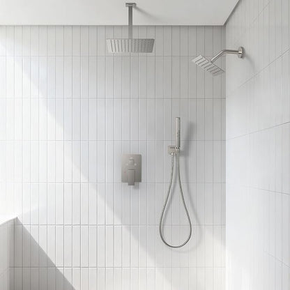 Rain Shower System 12" & 6" Dual Shower Heads Ceiling Shower Faucet Set | Ideal for bathroom remodels and upgrades with 12" rain shower, 6" angled shower, handheld spray and complete valve kit.
